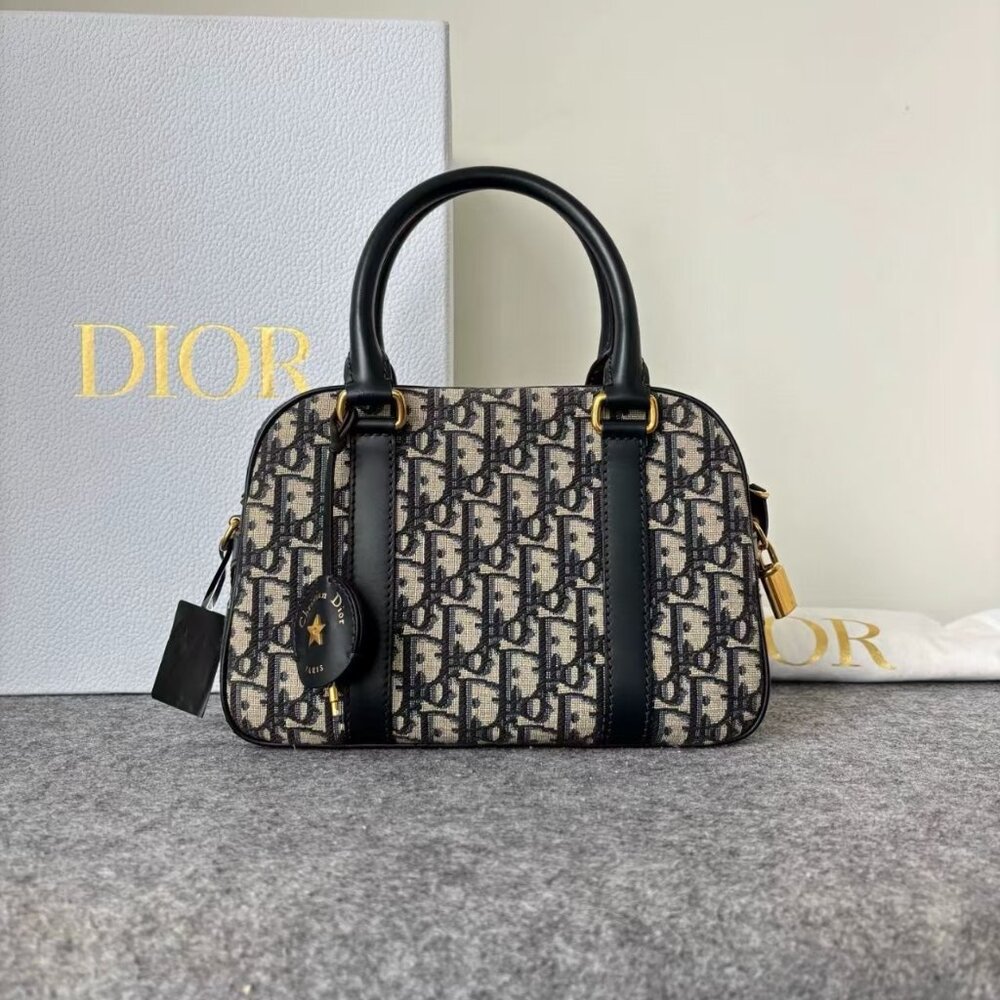 Christian Dior Monogram Canvas Handbag, Classic Logo Print, Black & Beige,